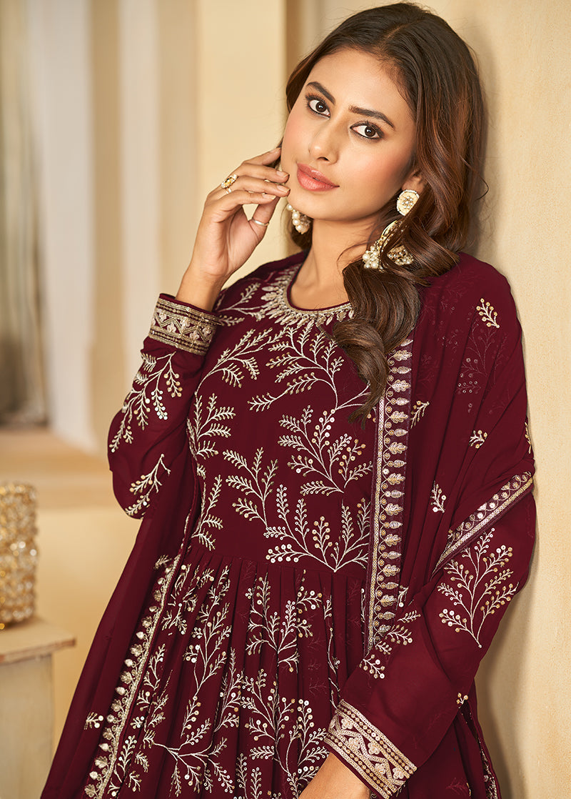 Women's Maroon Sequins Faux Georgette Designer Salwar Suit