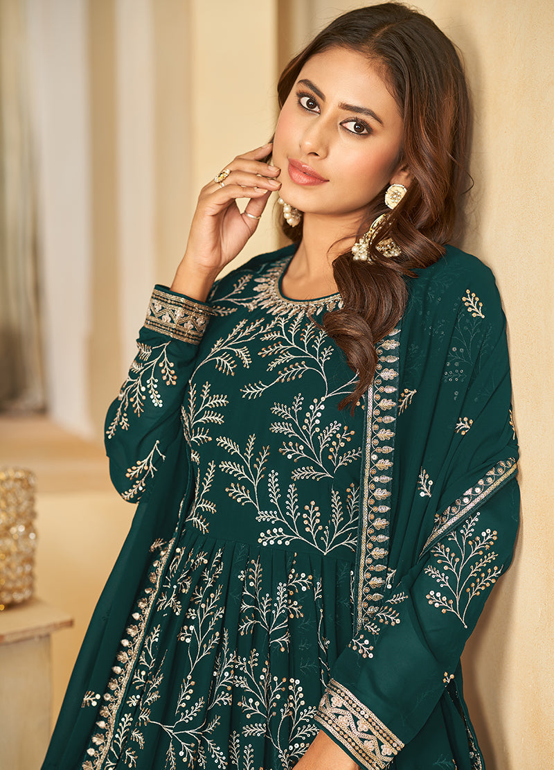 Women's Teal Sequins Faux Georgette Designer Salwar Suit