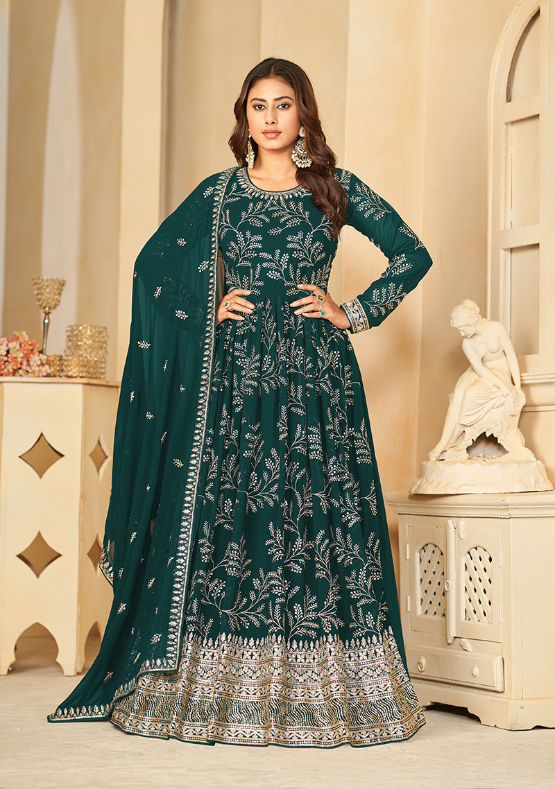 Women's Teal Sequins Faux Georgette Designer Salwar Suit