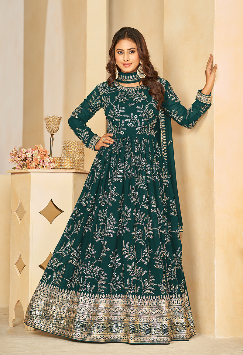 Women's Teal Sequins Faux Georgette Designer Salwar Suit