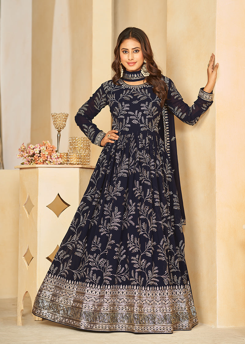 Women's Navy Blue Sequins Faux Georgette Designer Salwar Suit