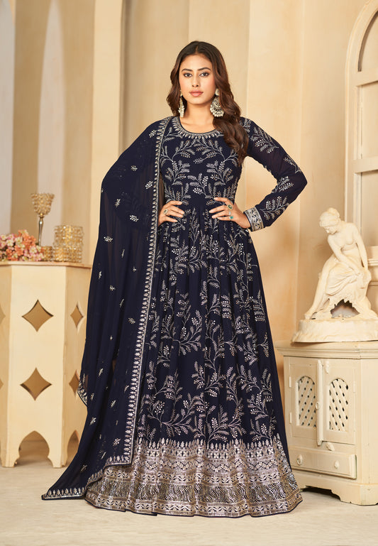 Women's Navy Blue Sequins Faux Georgette Designer Salwar Suit