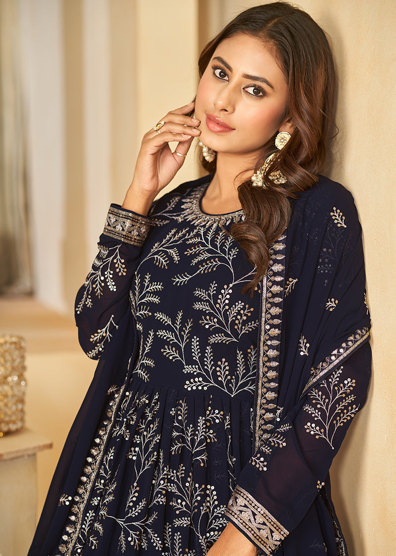 Women's Navy Blue Sequins Faux Georgette Designer Salwar Suit