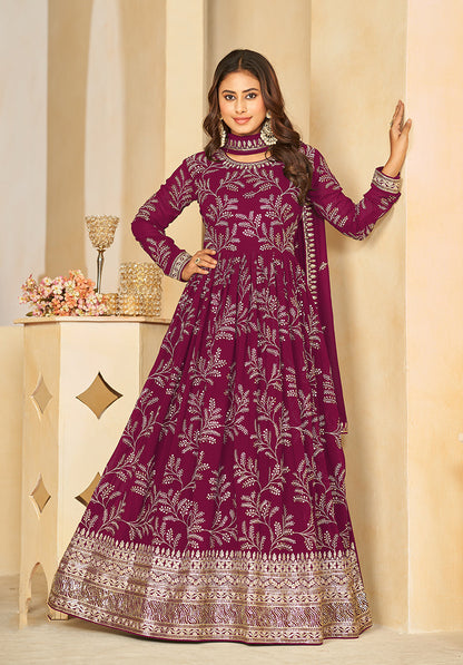 Women's Wine Sequins Faux Georgette Designer Salwar Suit