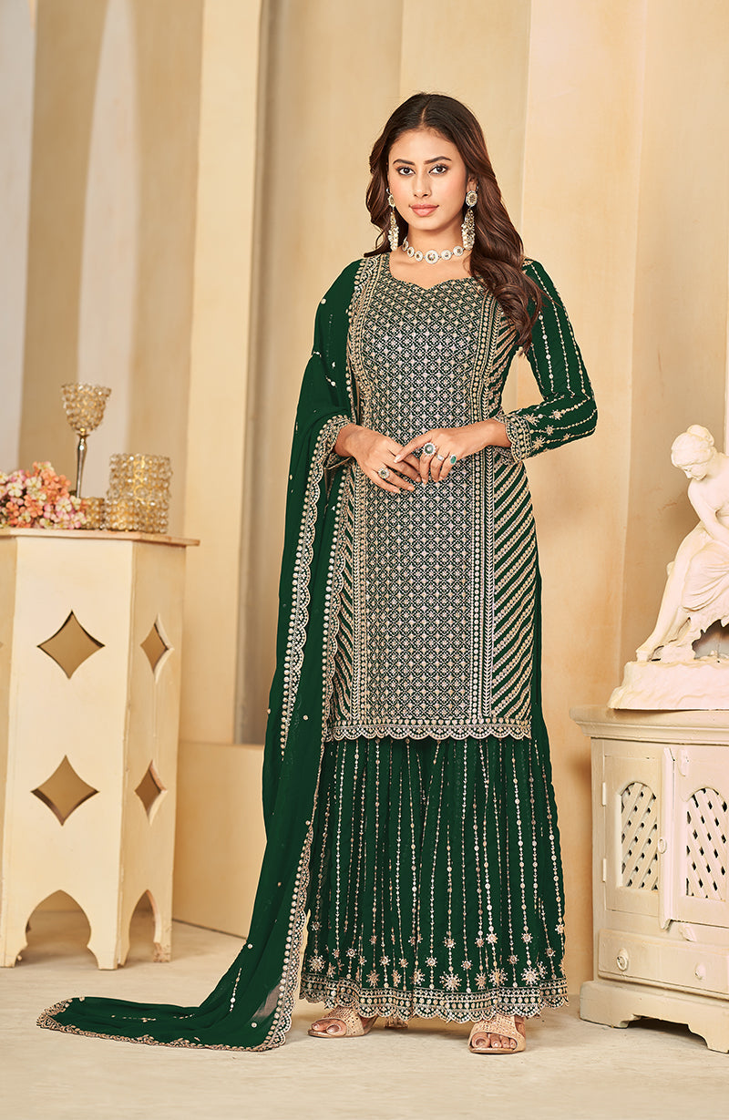 Women's Green Embroidered Faux Georgette Salwar Suit