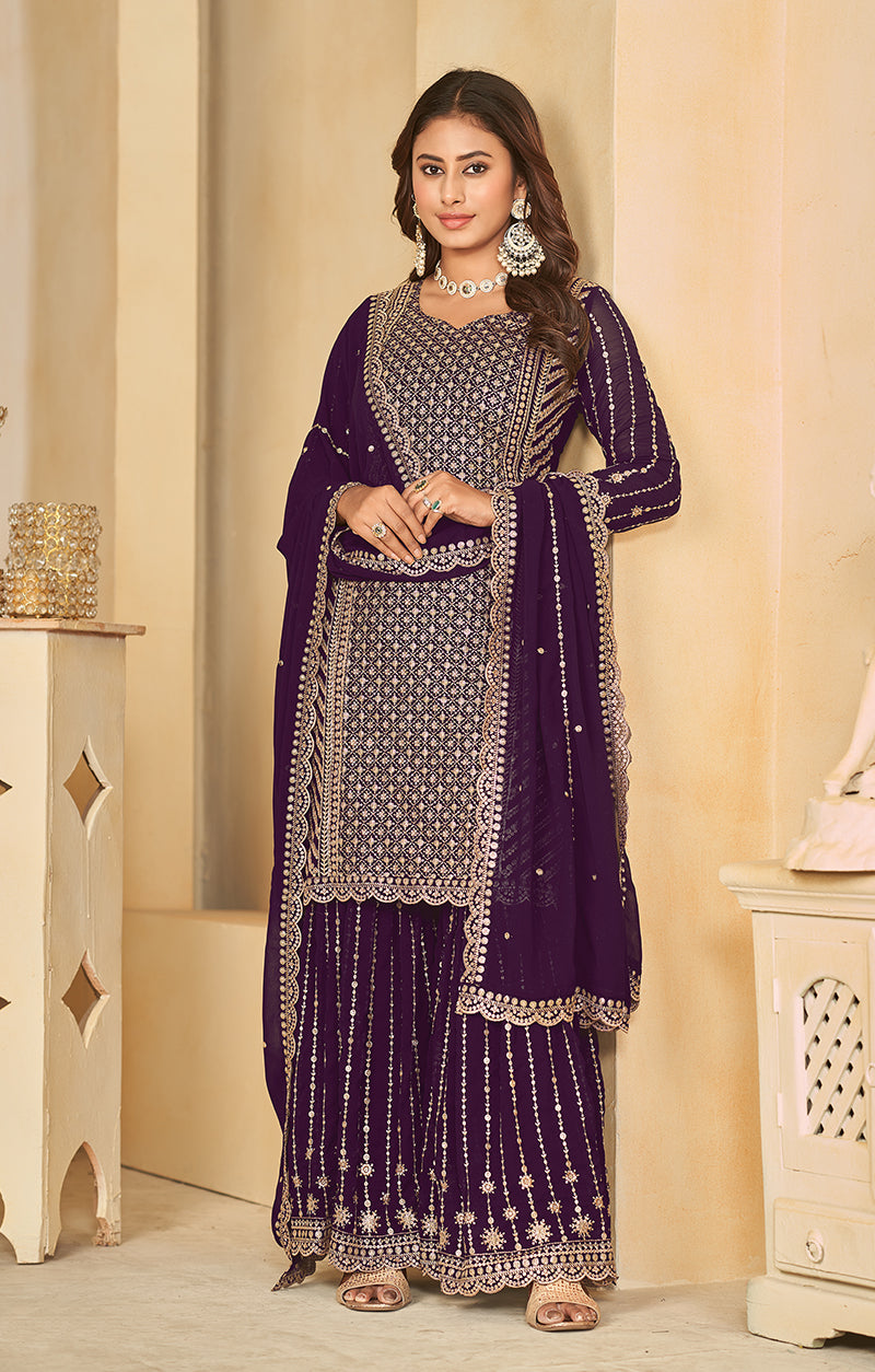 Women's Purple Embroidered Faux Georgette Salwar Suit