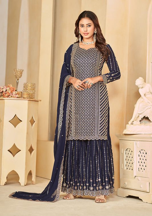 Women's Navy Blue Embroidered Faux Georgette Salwar Suit