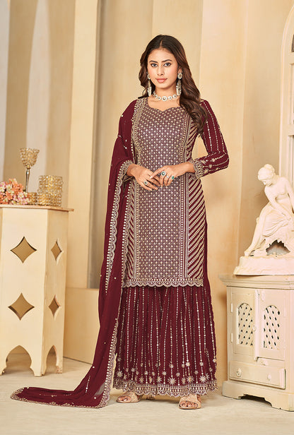 Women's Maroon Embroidered Faux Georgette Salwar Suit