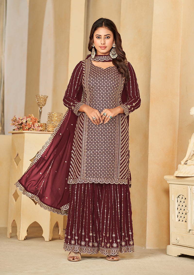 Women's Maroon Embroidered Faux Georgette Salwar Suit