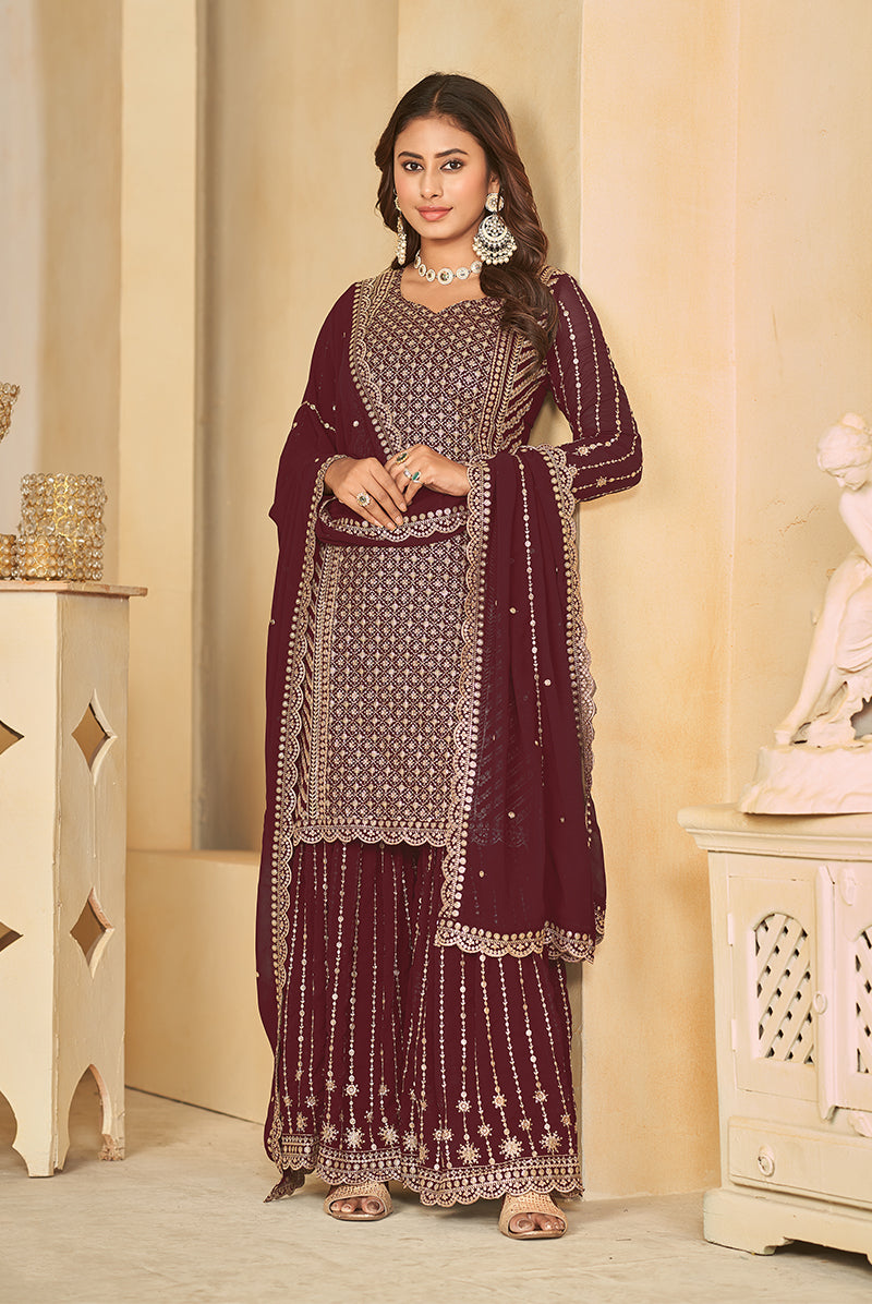 Women's Maroon Embroidered Faux Georgette Salwar Suit