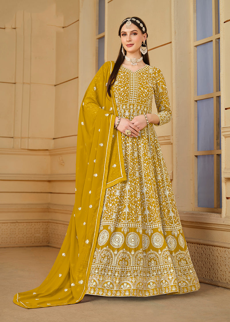 Women's Faux Georgette Mustard Anarkali Salwar Kameez