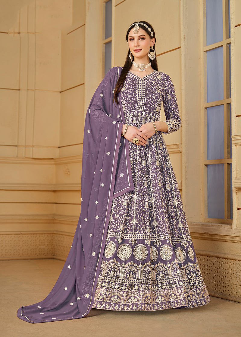 Women's Faux Georgette Lavender Anarkali Salwar Kameez