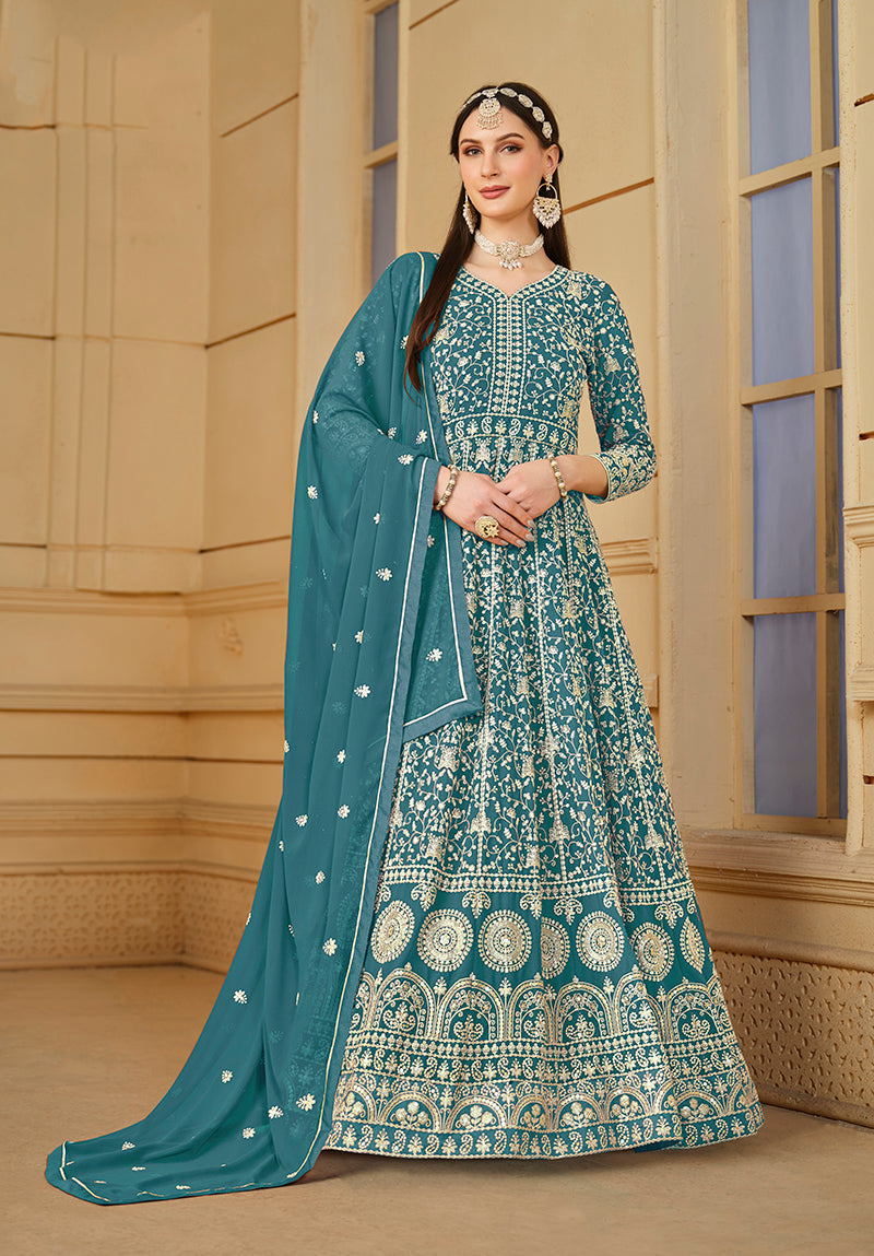 Women's Faux Georgette Teal Anarkali Salwar Kameez