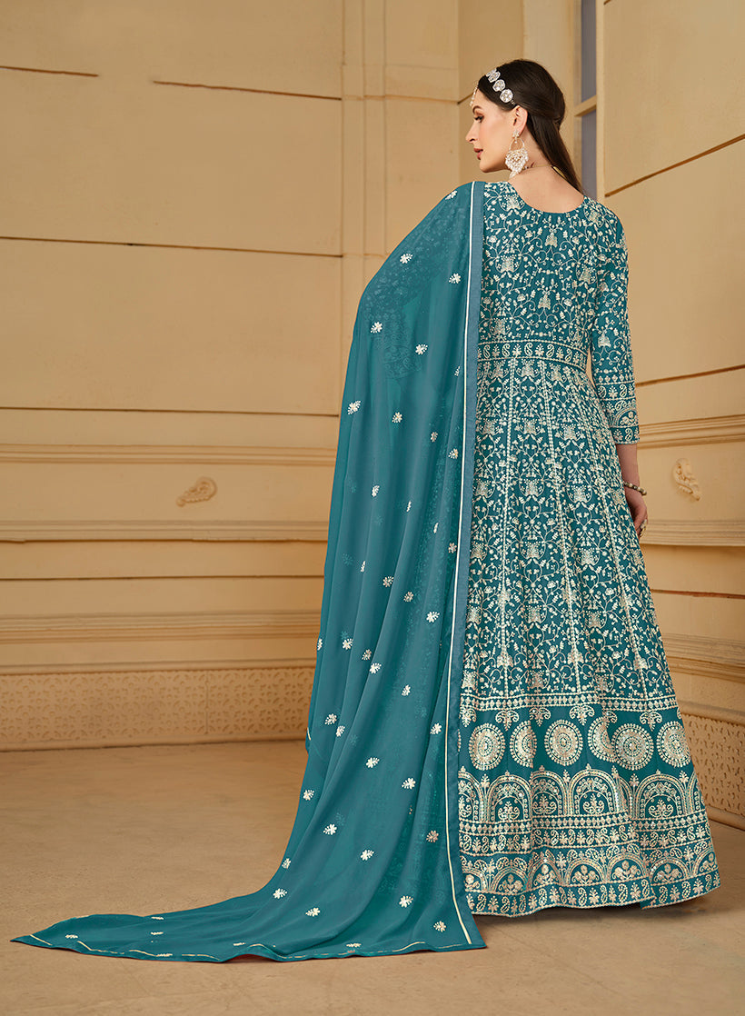 Women's Faux Georgette Teal Anarkali Salwar Kameez