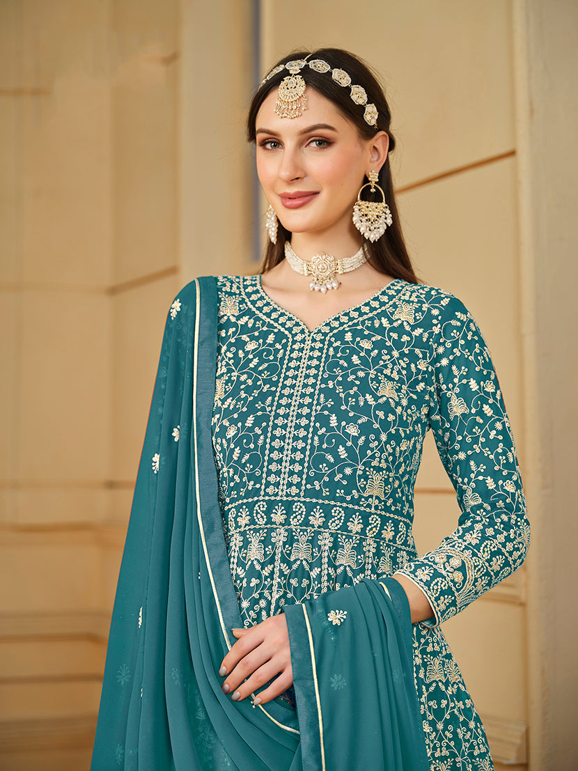 Women's Faux Georgette Teal Anarkali Salwar Kameez