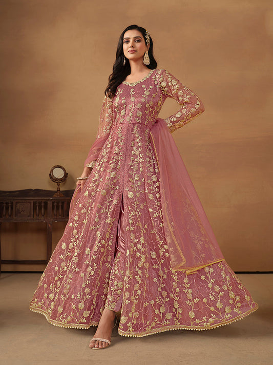 Women's Net Embroidered Pant Style Suit In Pink