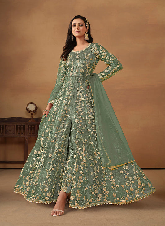 Women's Net Embroidered Pant Style Suit In Light Green