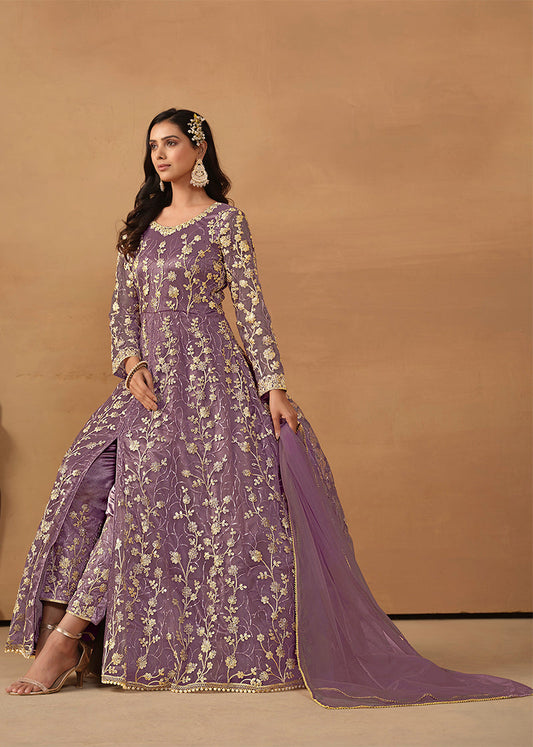 Women's Net Embroidered Pant Style Suit In Purple