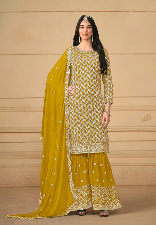 Women's Mustard Georgette Embroidered Designer Salwar Suit