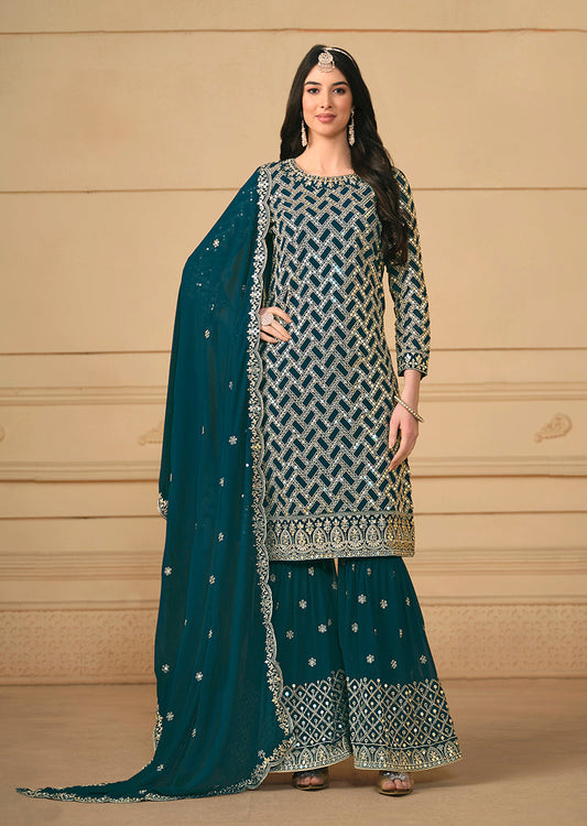 Women's Teal Georgette Embroidered Designer Salwar Suit