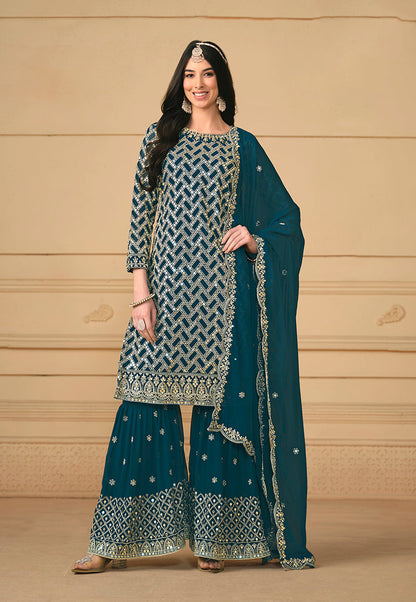 Women's Teal Georgette Embroidered Designer Salwar Suit