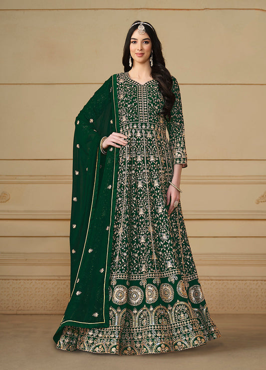 Women's Faux Georgette Embroidered Green Anarkali Salwar Suit