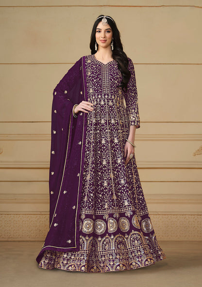 Women's Faux Georgette Embroidered Purple Anarkali Salwar Suit