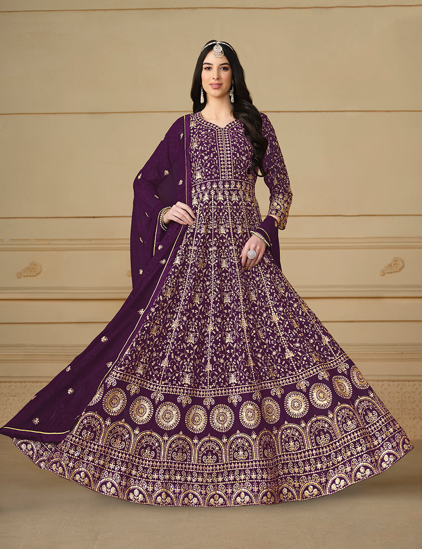 Women's Faux Georgette Embroidered Purple Anarkali Salwar Suit