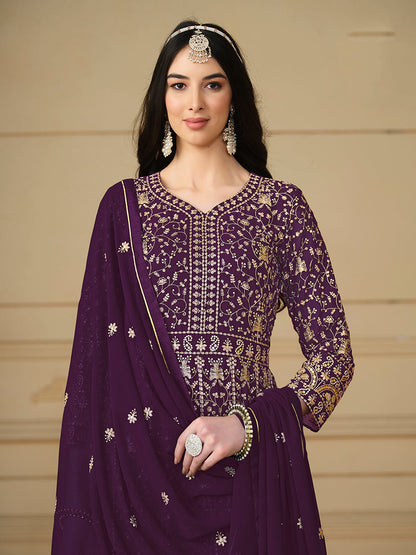 Women's Faux Georgette Embroidered Purple Anarkali Salwar Suit