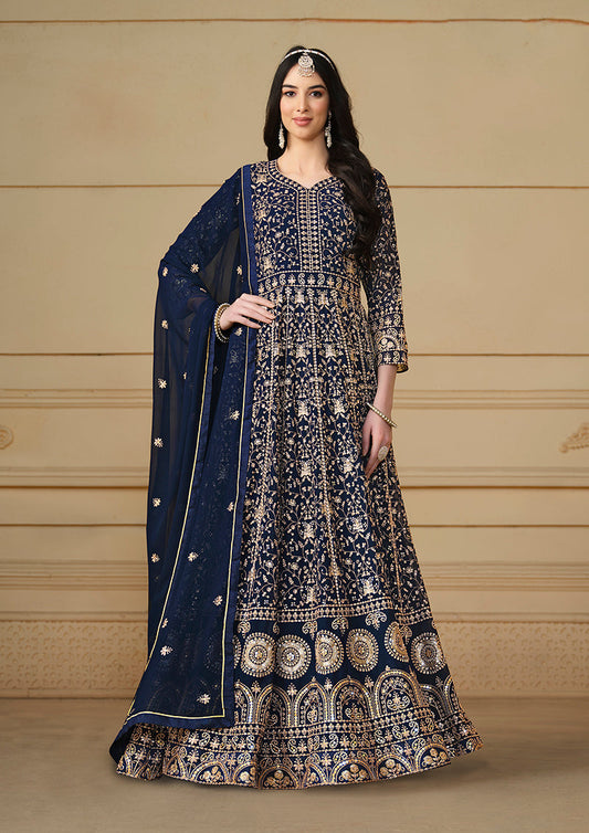 Women's Faux Georgette Embroidered Navy Blue Anarkali Salwar Suit