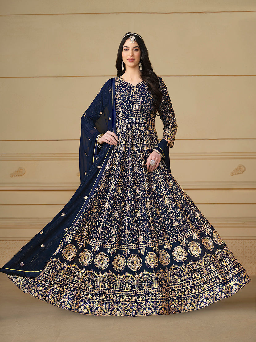 Women's Faux Georgette Embroidered Navy Blue Anarkali Salwar Suit