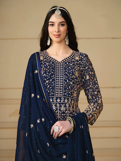 Women's Faux Georgette Embroidered Navy Blue Anarkali Salwar Suit