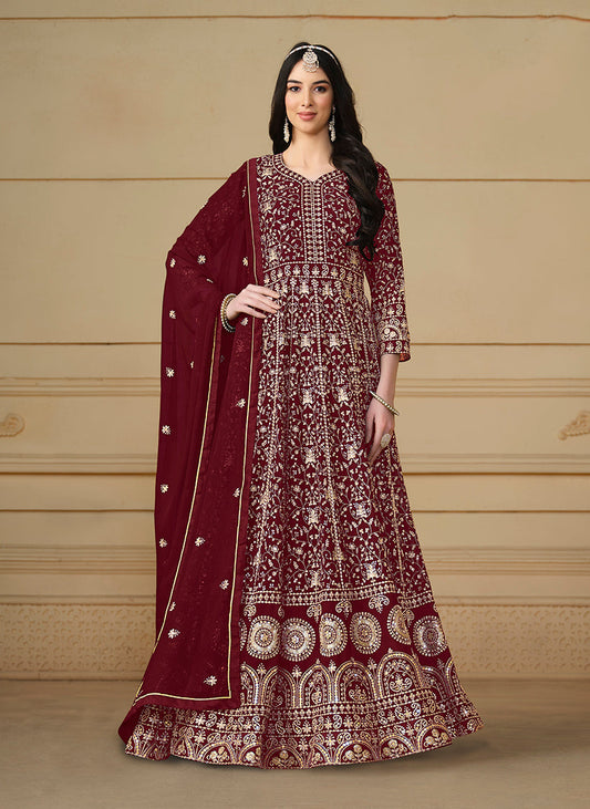 Women's Faux Georgette Embroidered Maroon Anarkali Salwar Suit