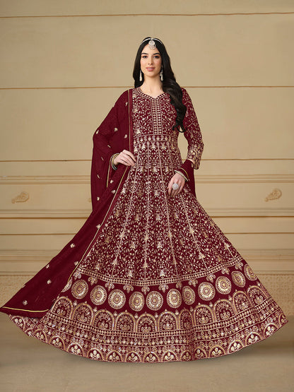 Women's Faux Georgette Embroidered Maroon Anarkali Salwar Suit