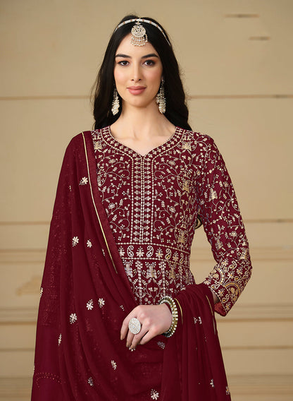 Women's Faux Georgette Embroidered Maroon Anarkali Salwar Suit