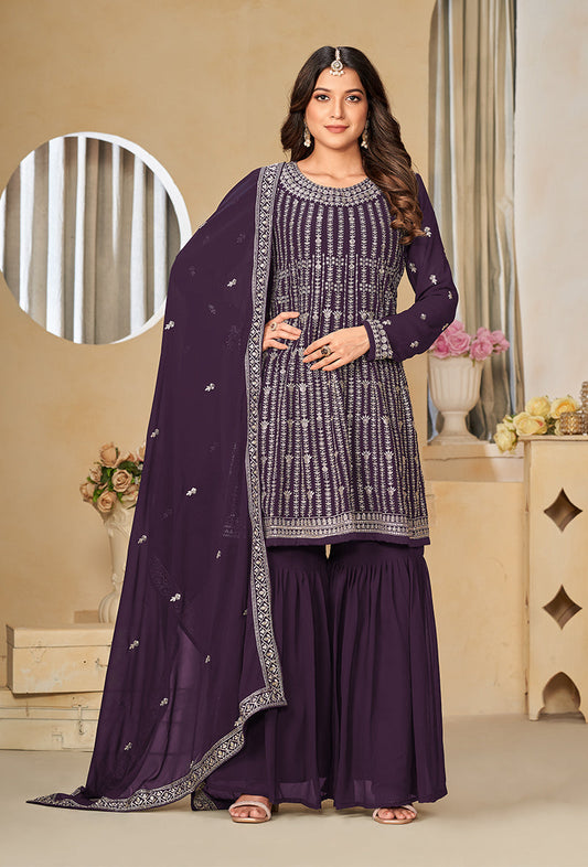 Women's Embroidered Purple Faux Georgette Trendy Salwar Kameez