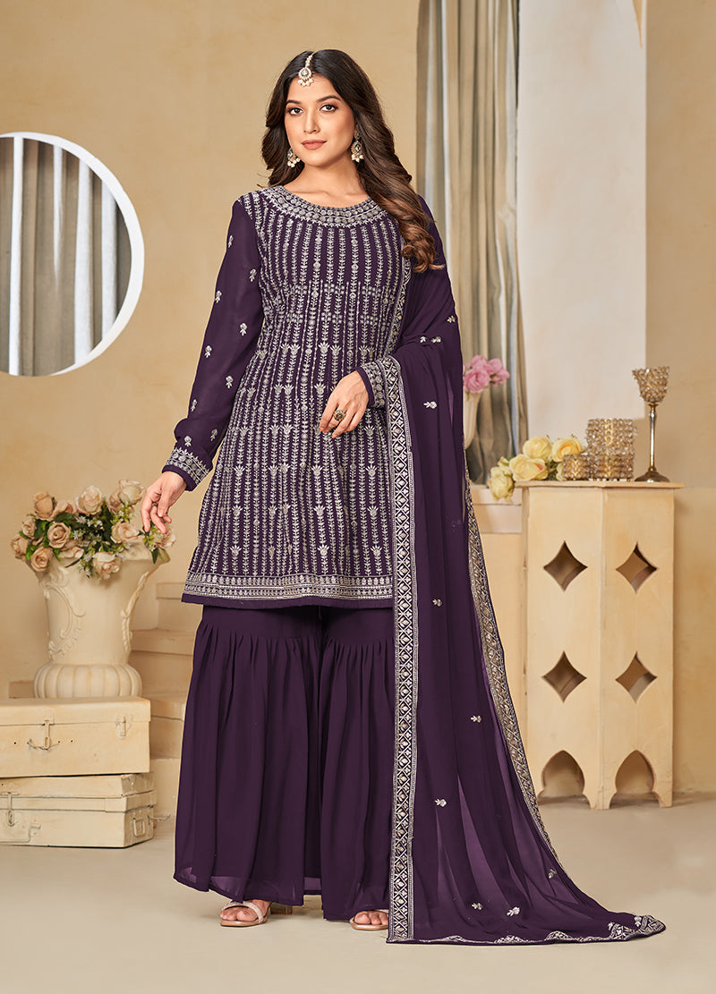 Women's Embroidered Purple Faux Georgette Trendy Salwar Kameez