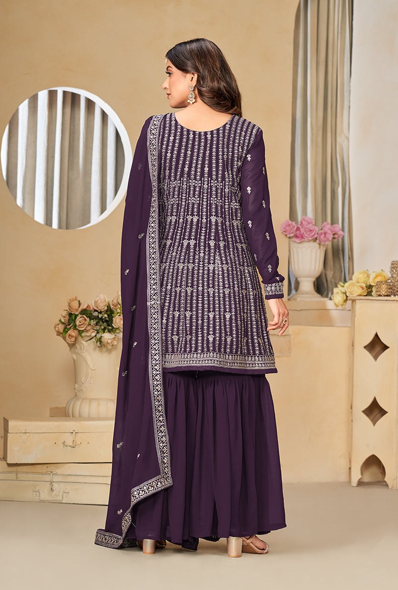 Women's Embroidered Purple Faux Georgette Trendy Salwar Kameez