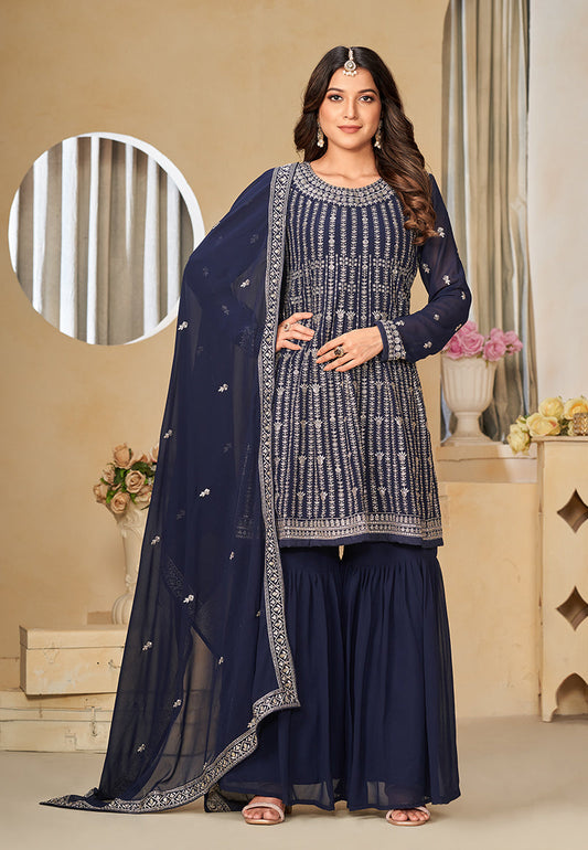 Women's Embroidered Navy Blue Faux Georgette Trendy Salwar Kameez