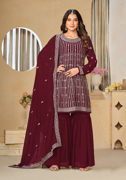 Women's Embroidered Maroon Faux Georgette Trendy Salwar Kameez