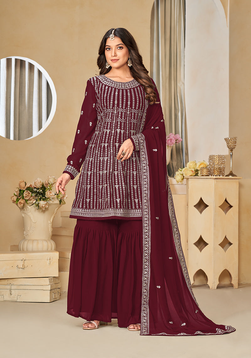 Women's Embroidered Maroon Faux Georgette Trendy Salwar Kameez