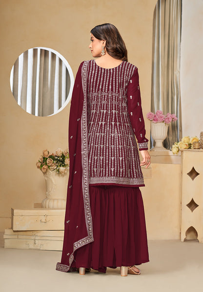 Women's Embroidered Maroon Faux Georgette Trendy Salwar Kameez