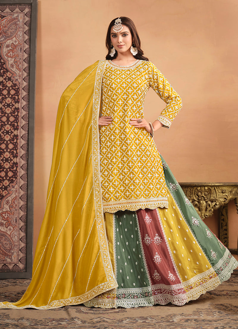 Women's Embroidered Chinon Silk Ethnic Lehenga Top In Mustard