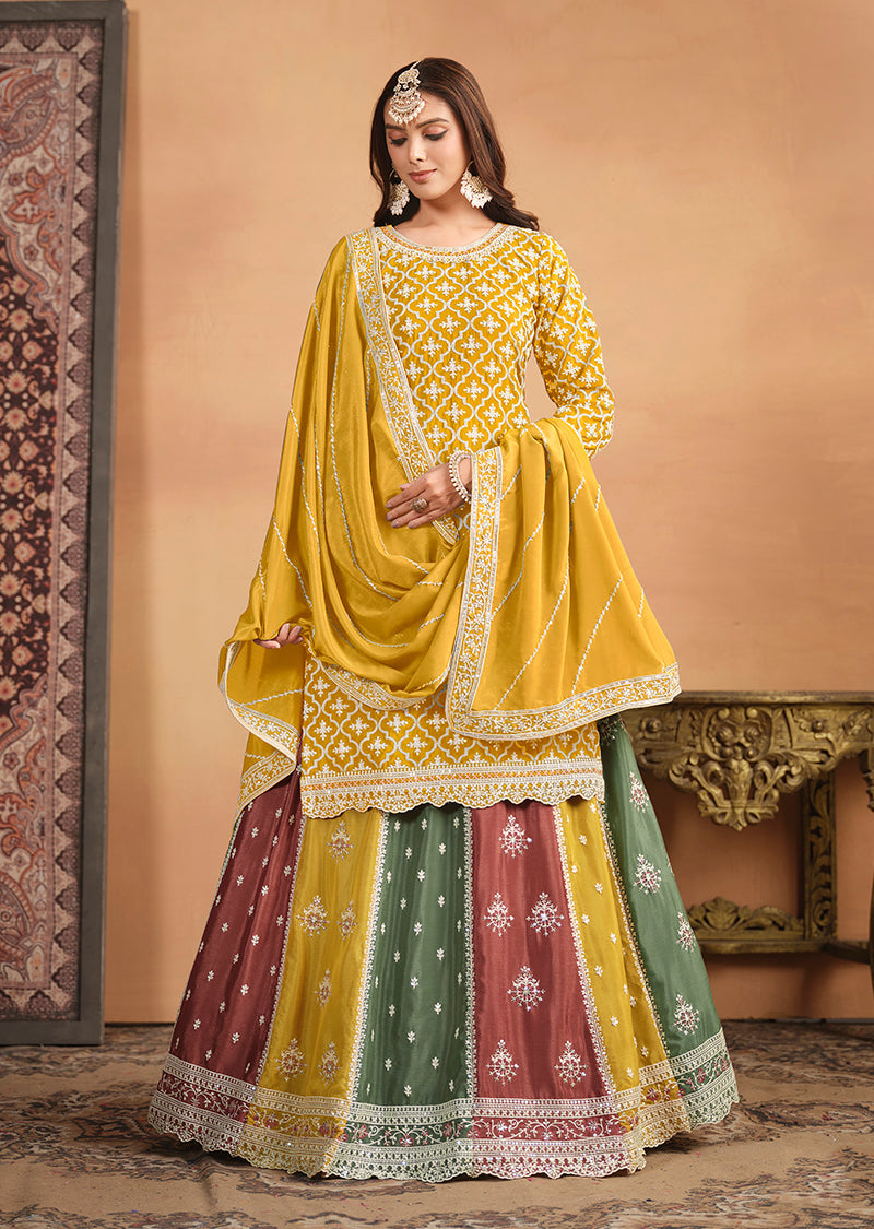 Women's Embroidered Chinon Silk Ethnic Lehenga Top In Mustard