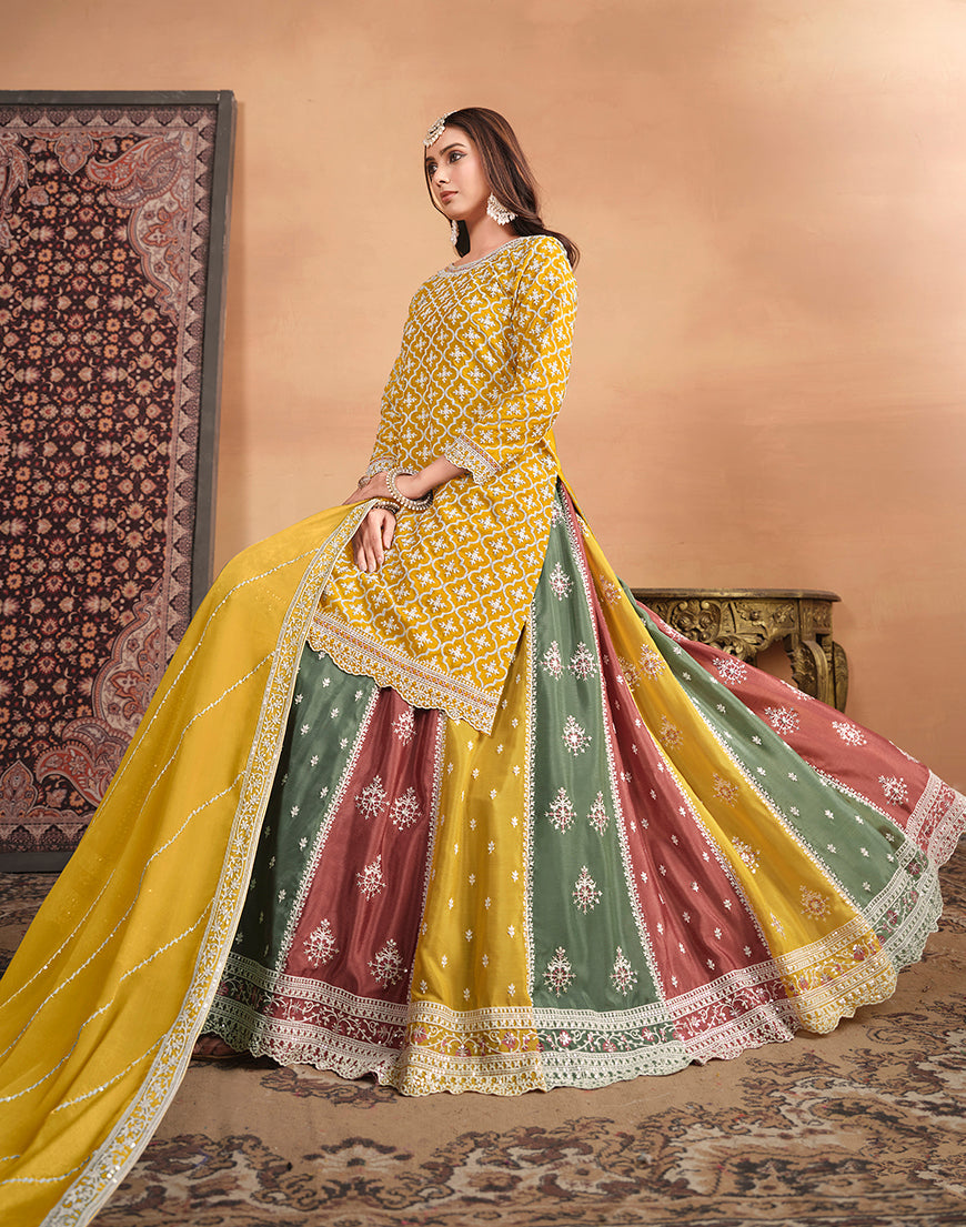 Women's Embroidered Chinon Silk Ethnic Lehenga Top In Mustard