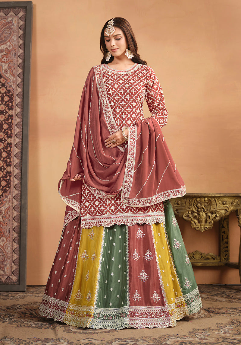 Women's Embroidered Chinon Silk Ethnic Lehenga Top In Rust Pink