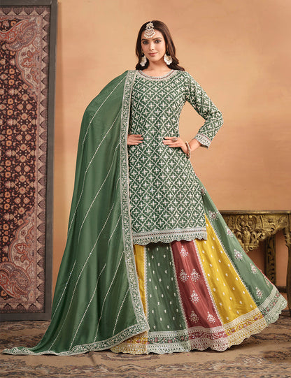 Women's Embroidered Chinon Silk Ethnic Lehenga Top In Green