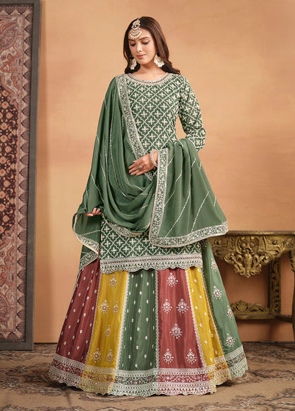 Women's Embroidered Chinon Silk Ethnic Lehenga Top In Green