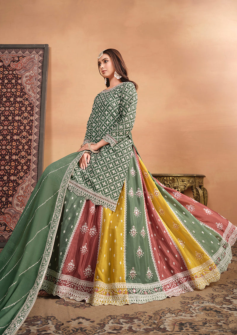 Women's Embroidered Chinon Silk Ethnic Lehenga Top In Green