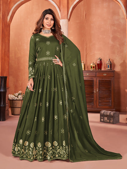 Women's Art Silk Embroidered Olive Green Party Wear Salwar Suit